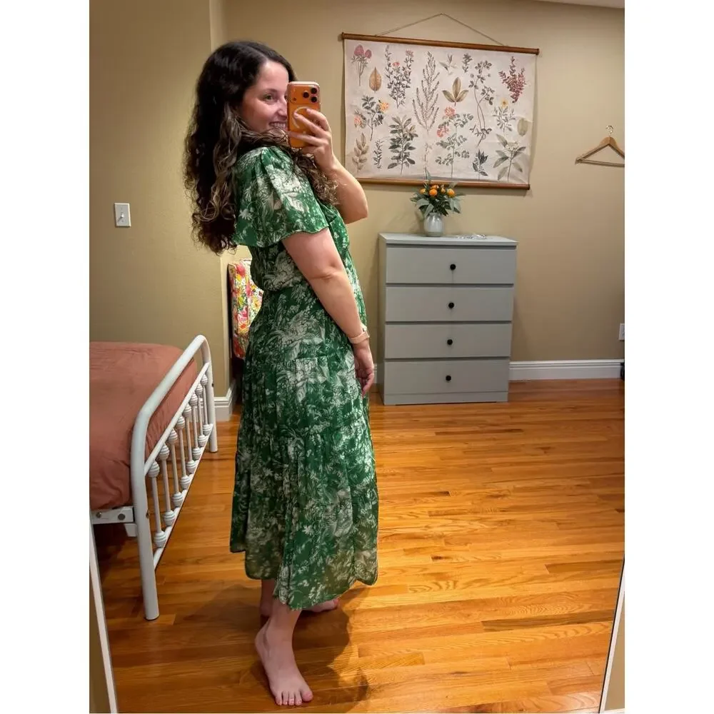 Abercrombie Green Floral V-Neck Tiered Maxi Dress Medium